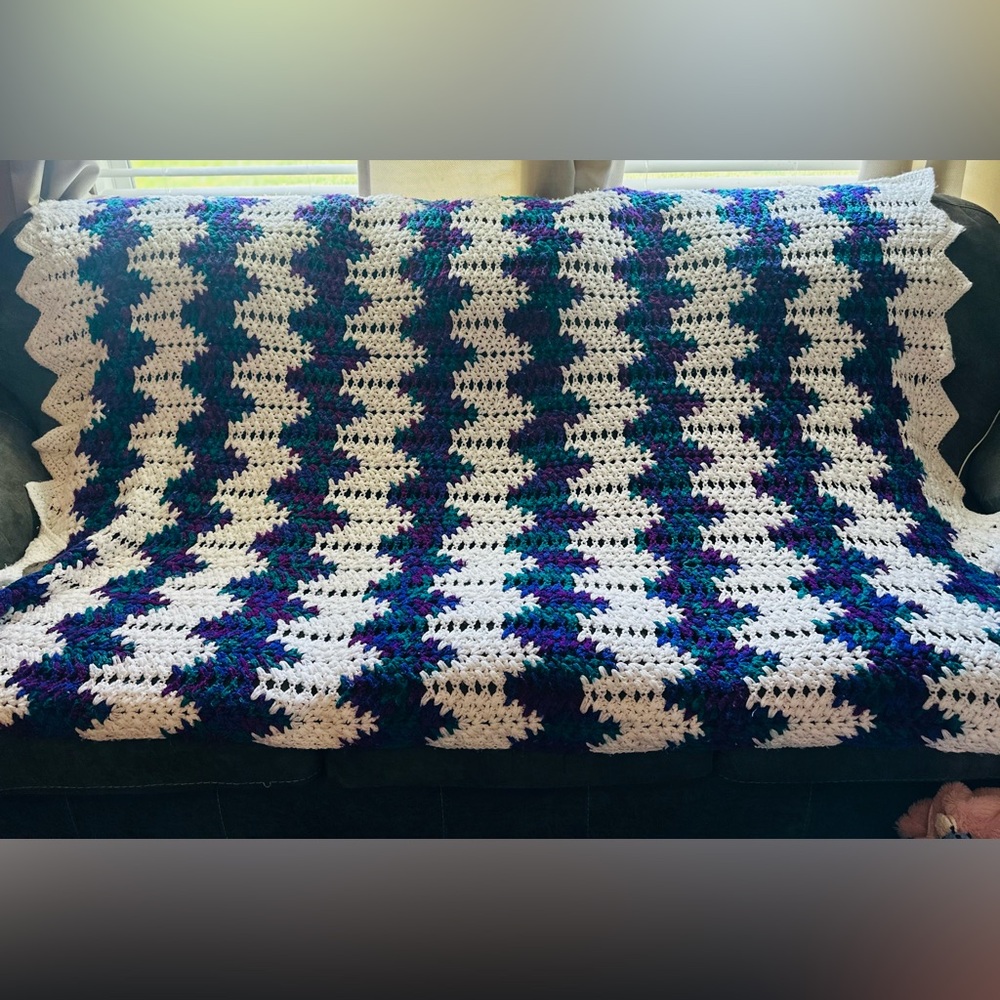Handmade Crochet Blanket in White and Purple